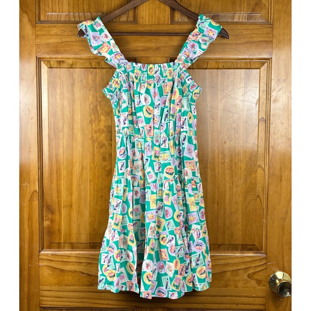 Copper Key Girls L 10/12 Green Postage Stamp Print Tiered Sundress Coastal Boho